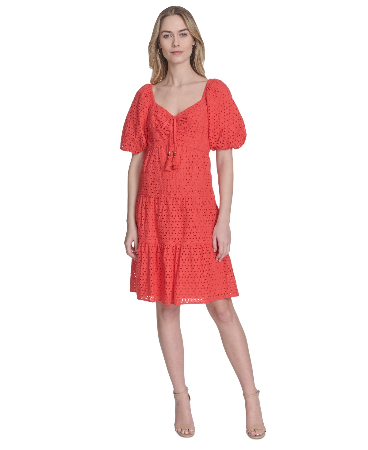 Vince Camuto Women's V-neck Short-puff-sleeve Eyelet Dress In Red