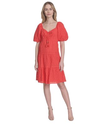 Vince Camuto Women's V-Neck Short-Puff-Sleeve Eyelet Dress - Macy's