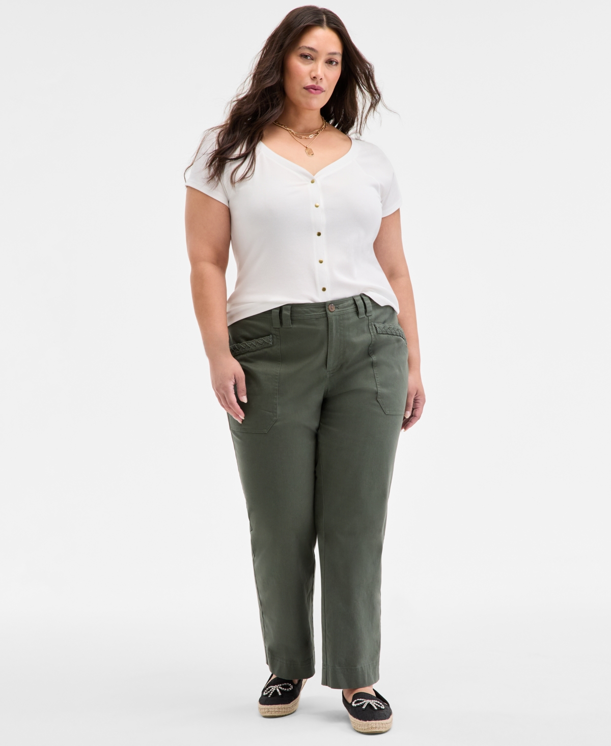 Trendy Plus Size Solid High-Rise Braid-Detail Pants, Exclusively at Macy's - Palmetto