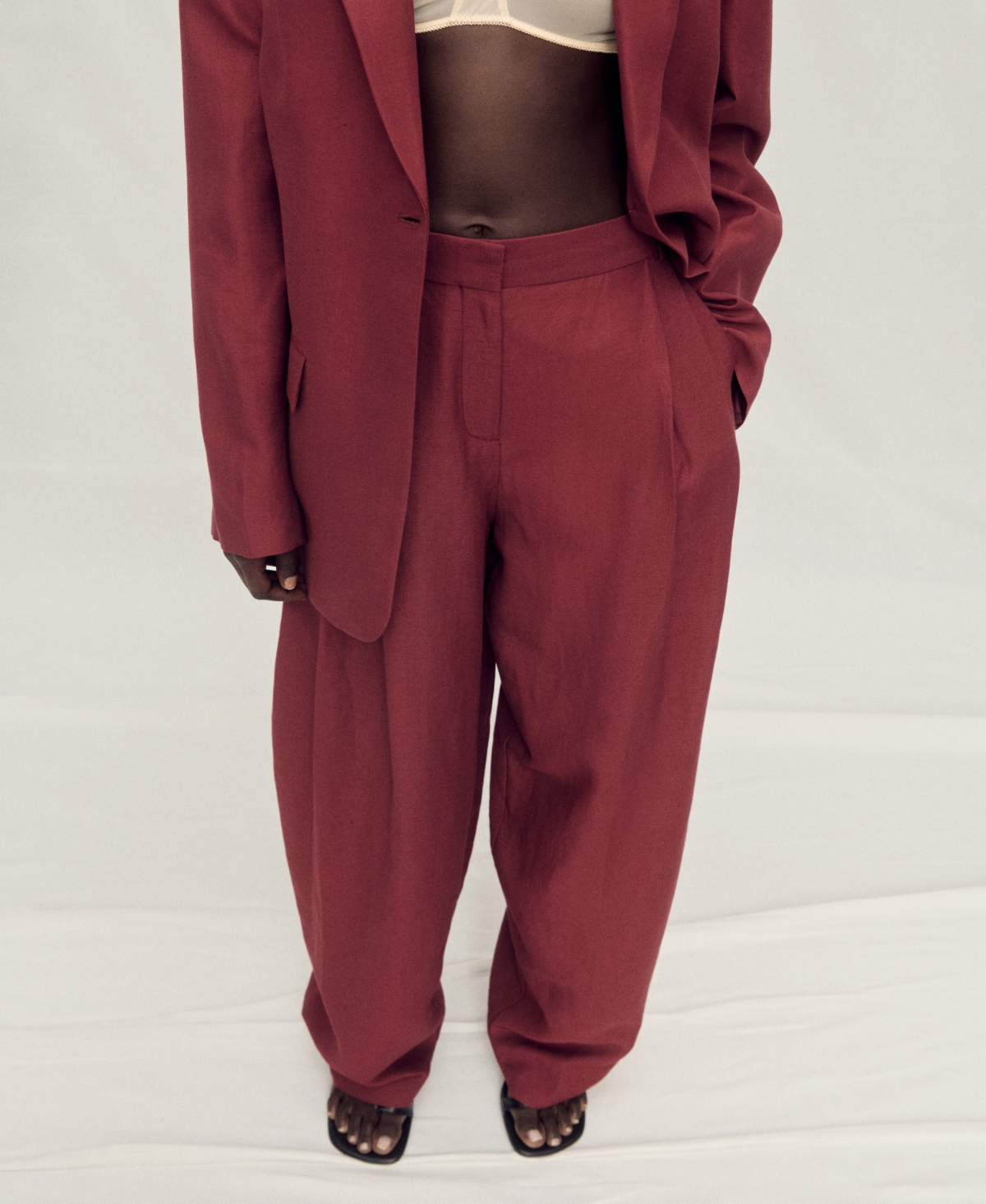 Women's Wide Leg Linen-Blend Suit Pants - Wine