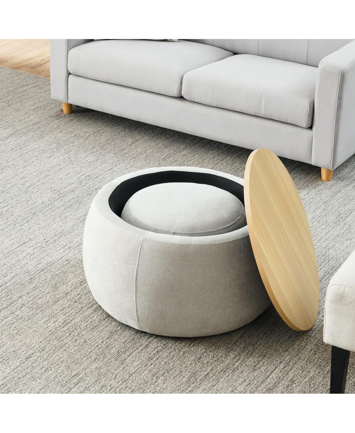 Multifunctional Round Ottoman Coffee Table with Wood Lid Hidden Seat and Storage for Bedroom or Living Room No Assembly Needed-The Pop Home