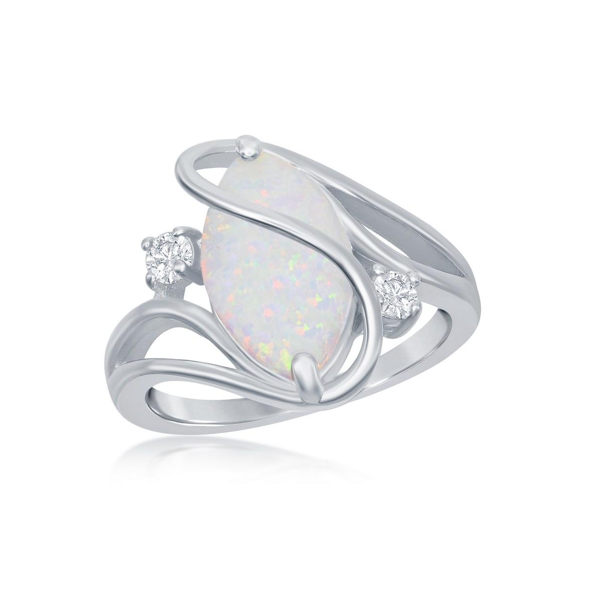Sterling Silver White Inlay Synthetic Opal Oval Twist With Cz Ring - White
