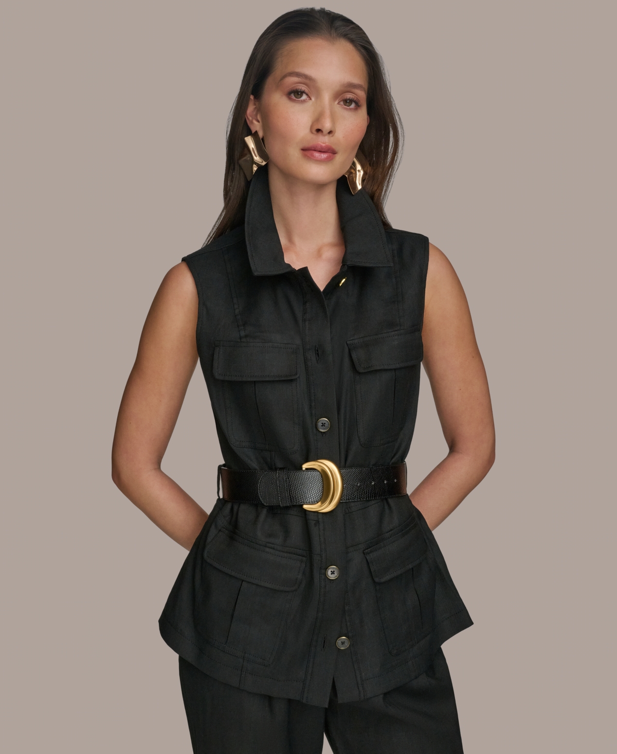 Donna Karan Women's Belted Linen-blend Utility Vest In Black