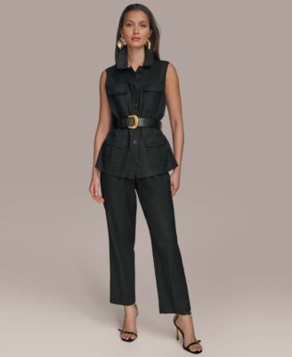 Womens Belted Four Pocket Vest Paperbag Waist High Rise Straight Leg Pants