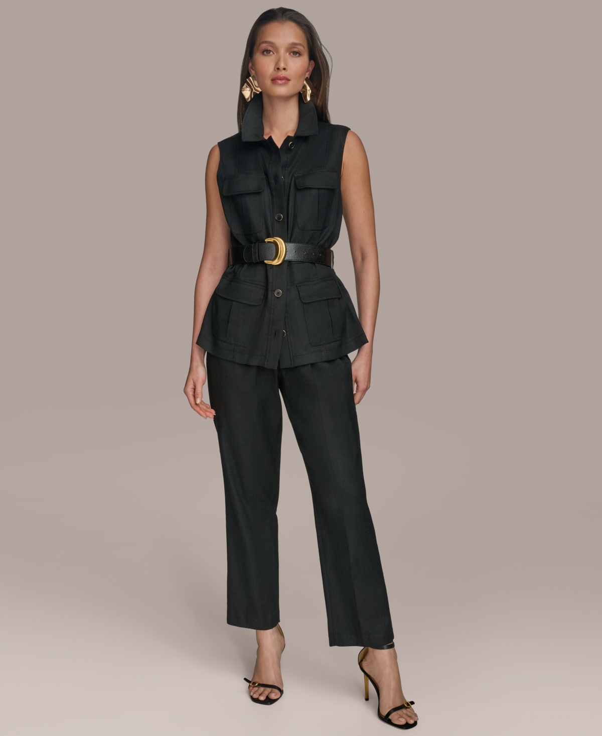 Donna Karan Women's Belted Linen-blend Utility Vest In Black