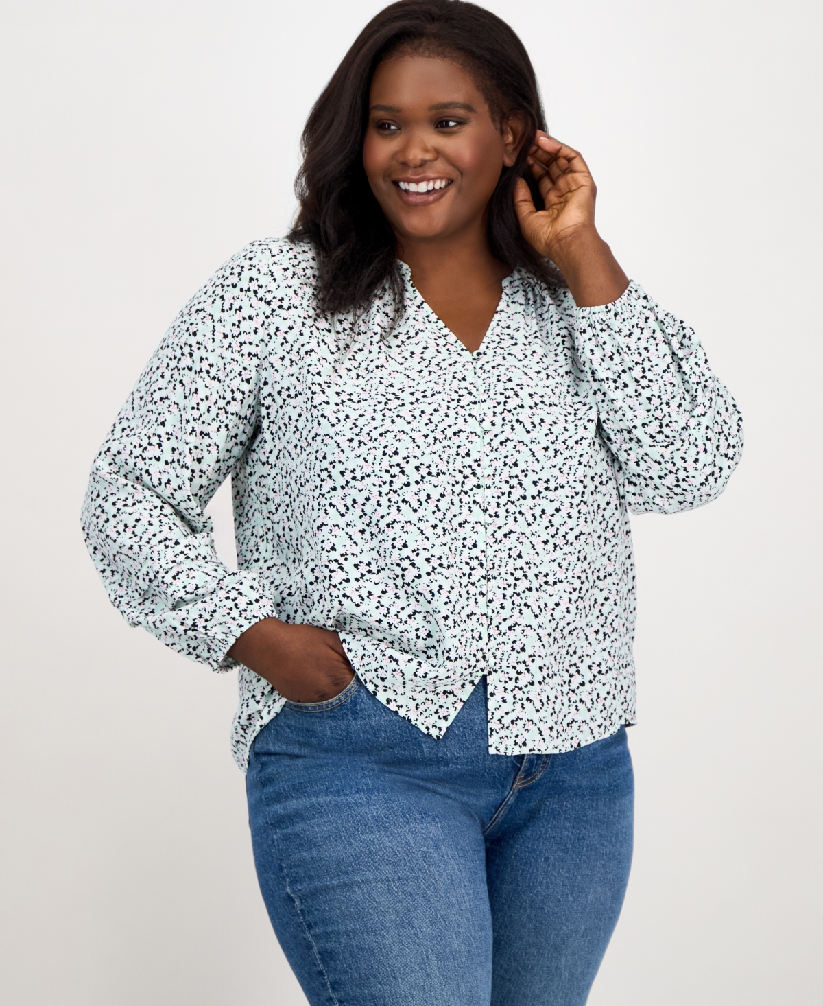 ON 34TH TRENDY PLUS SIZE SHADOW FLORAL BUTTON-FRONT BLOUSE, EXCLUSIVELY AT MACY'S 
