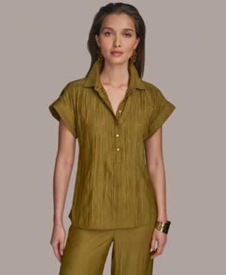 Donna Karan New York - Women's Cap-Sleeve Crinkled Collared Shirt