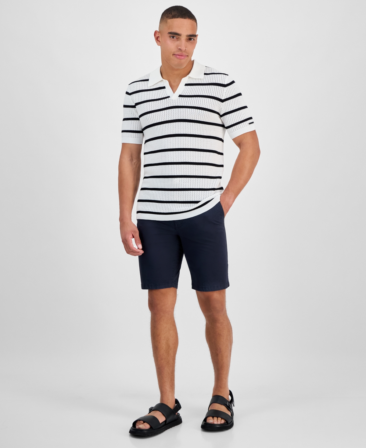 Karl Lagerfeld Striped Open Collar Polo Shirt In White