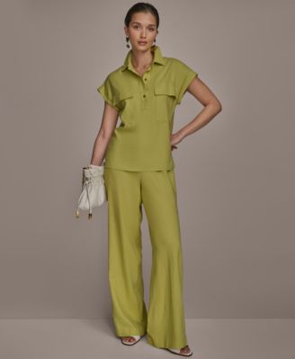 Womens Linen Blend Cap Sleeve Collared Shirt Wide Leg Pants