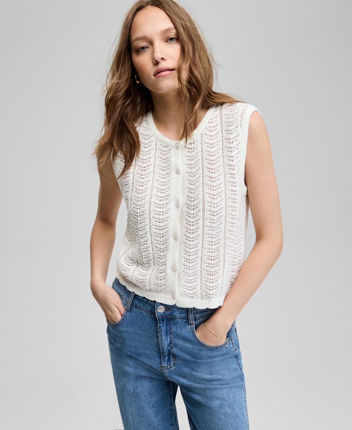 Women's Crochet Sweater Vest, Exclusively at Macy's - Herbal Sage