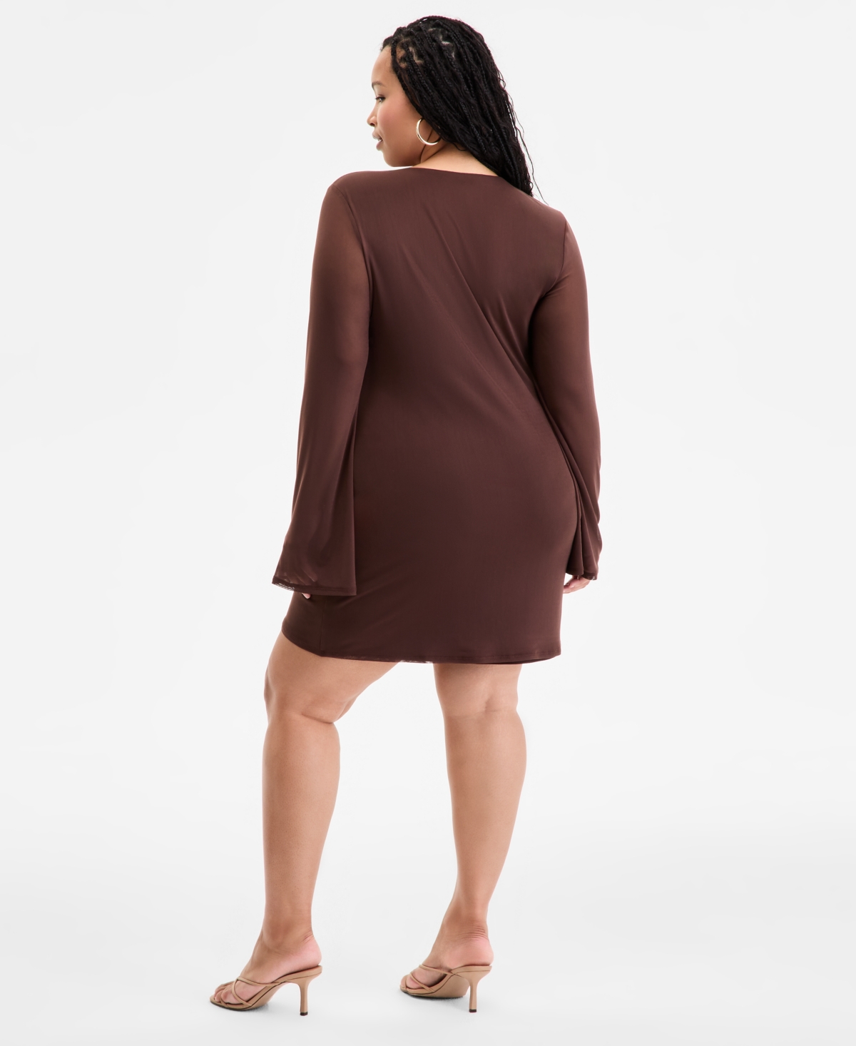 Bar Iii Plus Size Long-sleeve Solid-mesh Mini Dress, Exclusively At Macy's In Brown