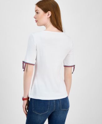 Women's Cotton Boat-Neck Tie-Sleeve T-Shirt