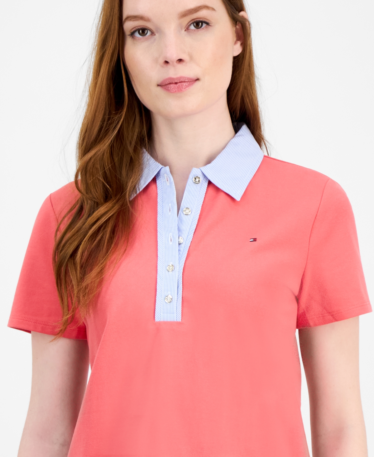 Tommy Hilfiger Womens Button Front Short Sleeve Polo Top In Red