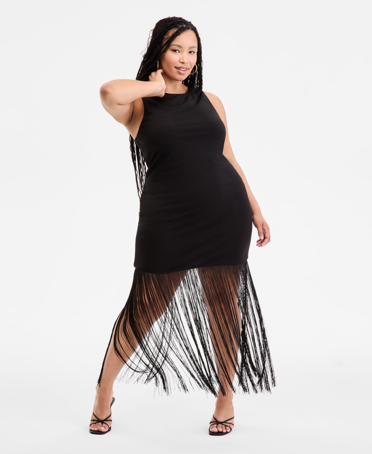 Plus Size Fringe Halter Dress, Exclusively at Macy's - Deep Black