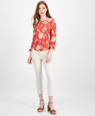Tommy Hilfiger Women's Floral-Print Ruched-Sleeve Top - Macy's
