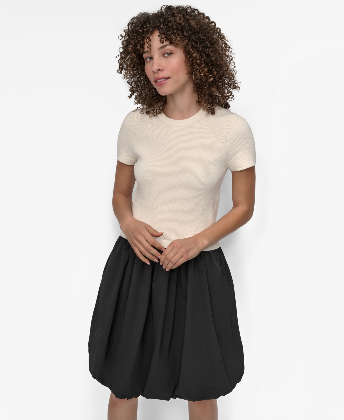 Women's Mixed Media Bubble Dress - Coconut/black