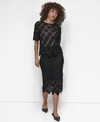 Womens Crocheted Short Sleeve Sweater Midi Sweater Skirt