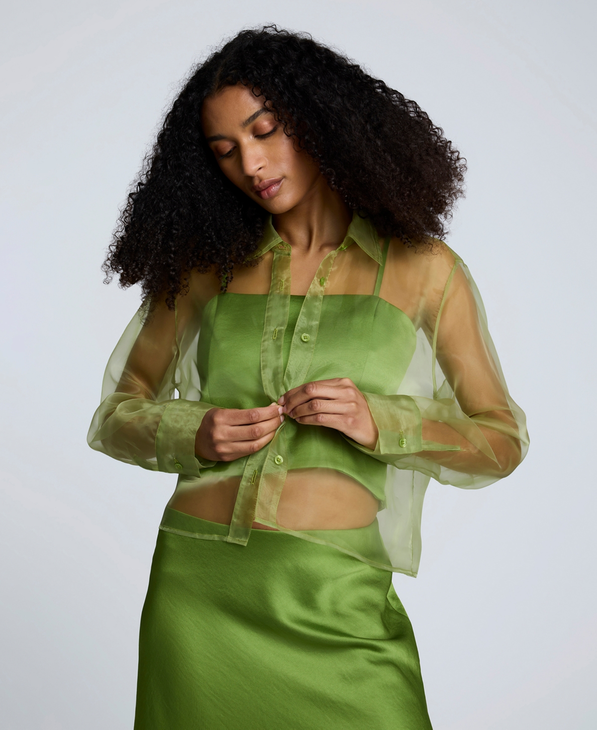 Women's Button-Front Cropped Organza Shirt - Cactus Green
