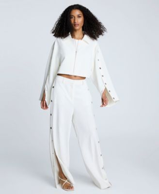 Womens Zip Front Snap Arm Jacket Cropped Sleeveless Bustier Top High Rise Side Snap Pants