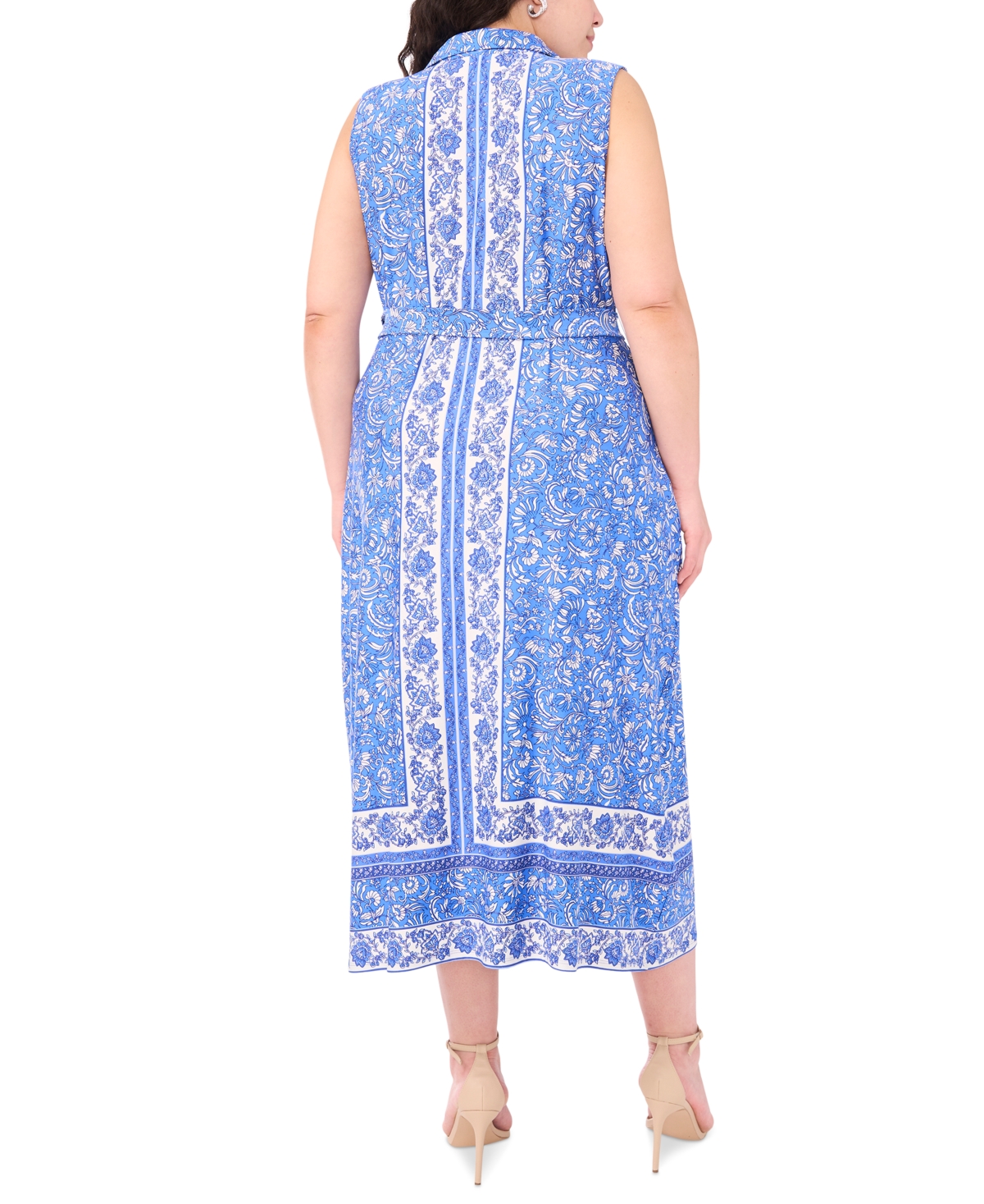 Msk Plus Size Zip-front Border-print Belted Midi Dress
