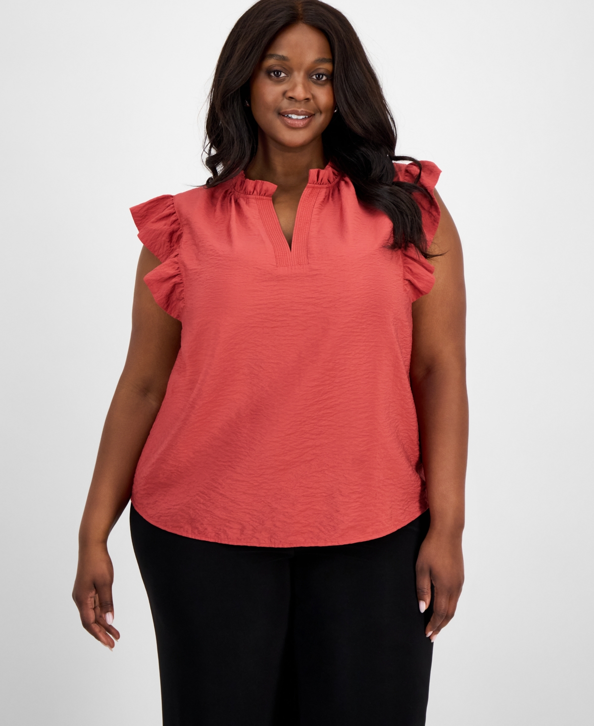 ANNE KLEIN PLUS SIZE RUFFLE-TRIM SPLIT-NECK SLEEVELESS BLOUSE 