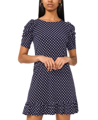 Women's Round-Neck Puff-Sleeve Ruffle-Hem Shift Dress