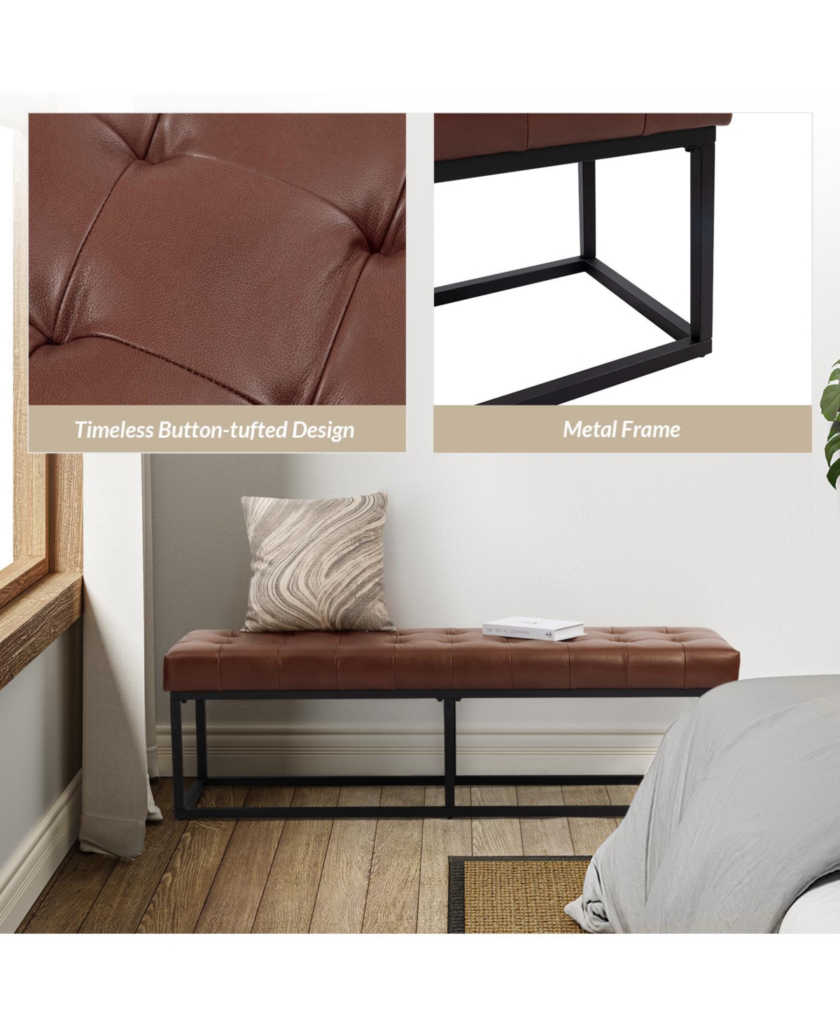 Narciso 60" Wide Bedroom Bench with Genuine Leather Top Cushion and Metal Base