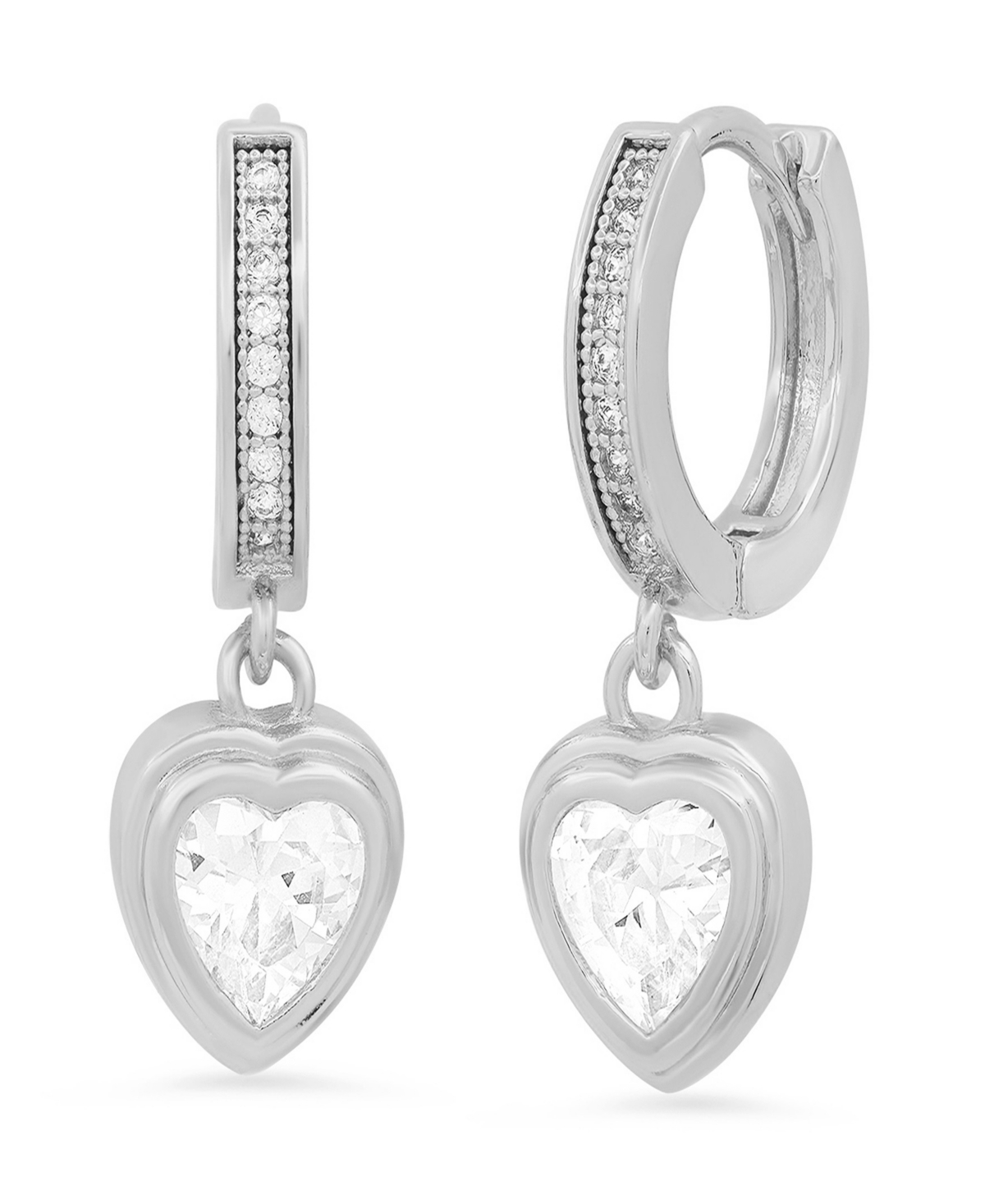 Women's Brass Simulated Diamonds Dangling Charm Heart Huggie Earrings - Silver