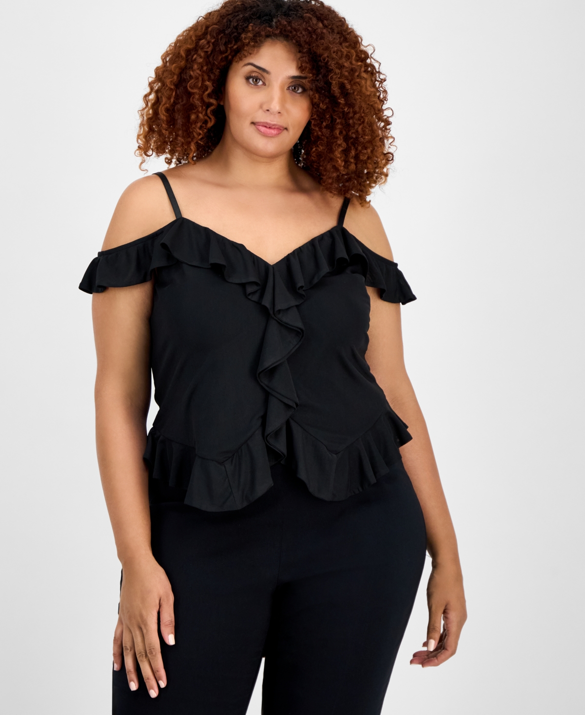 Trendy Plus Size Ruffled Cold-Shoulder Mesh Top, Exclusively at Macy's - Deep Black