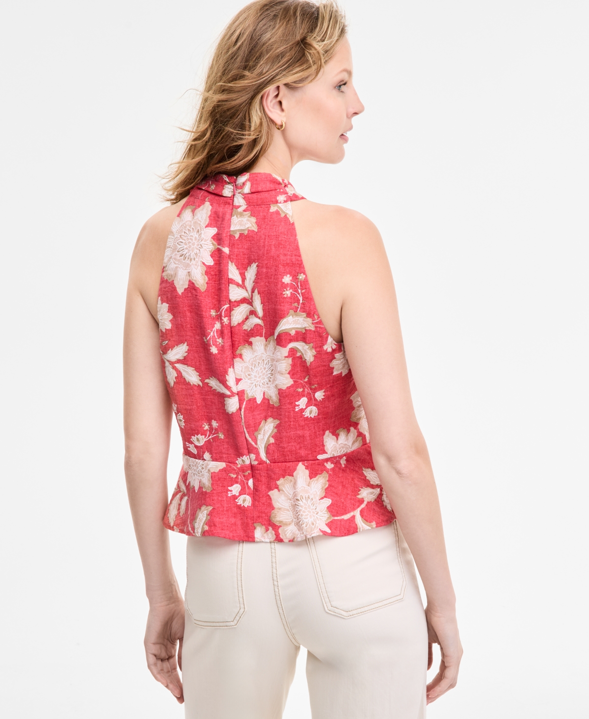 Tommy Hilfiger Womens Floral Print Sleeveless Peplum Halter Top Wide Leg No Waistband Cropped Denim Jeans In White