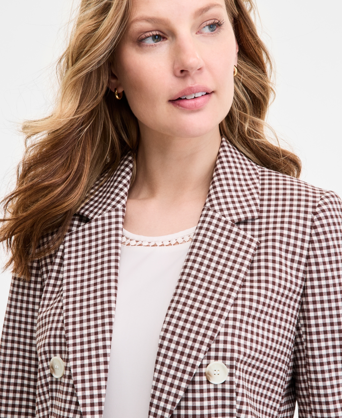 Jones New York Gingham Faux Double Breasted Jacket In Brown
