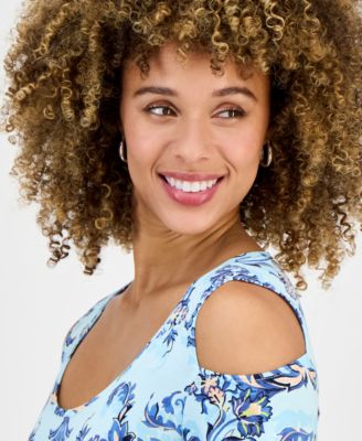 JM Collection Women's Printed Short-Sleeve Cold-Shoulder Top