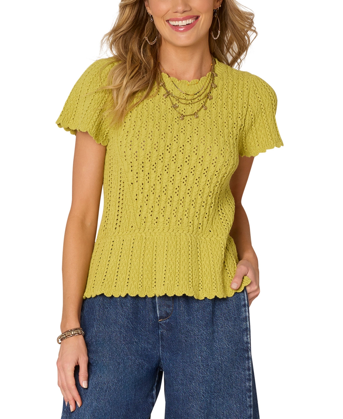 Women's Crochet Peplum Sweater - Citronella