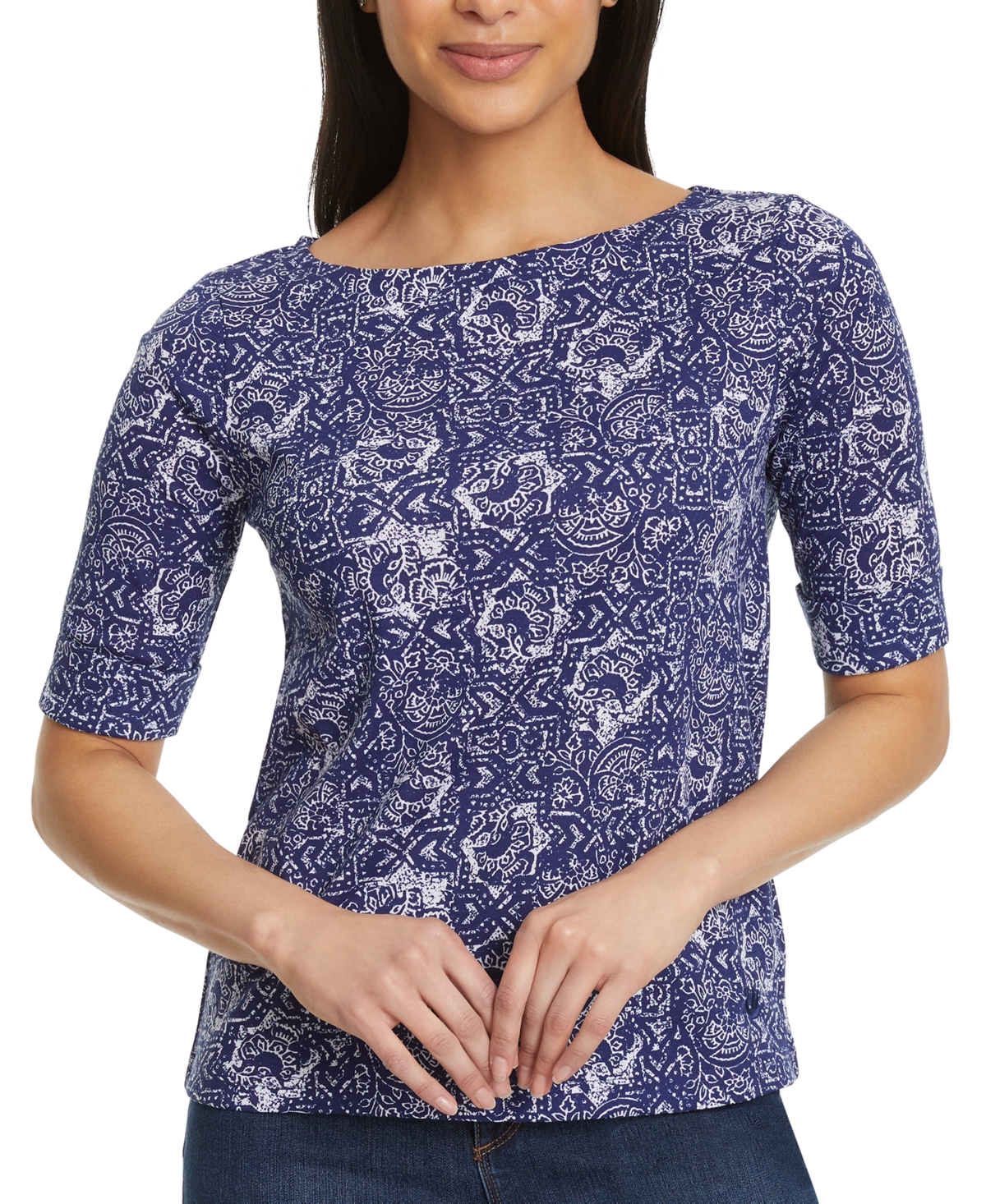 Women's Alanis Printed Cuffed-Sleeve T-Shirt - Vintage White / Black - Polynesian Night