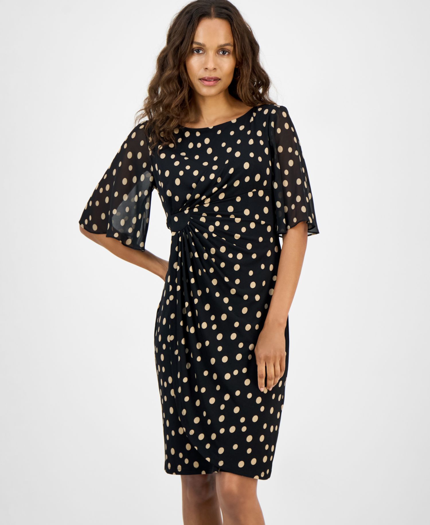Petite Printed Side-Shirred Butterfly-Sleeve Dress