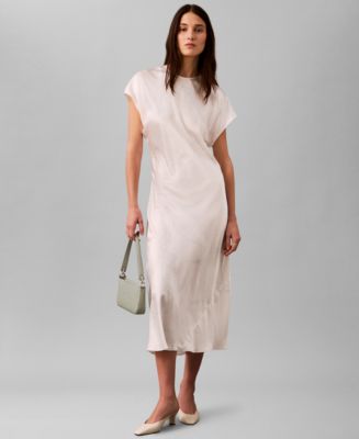 calvin klein ivory knit dress Calvin Klein Sweater Dress Womens size Small Petite Ivory Knit Ribbed Slit  New
