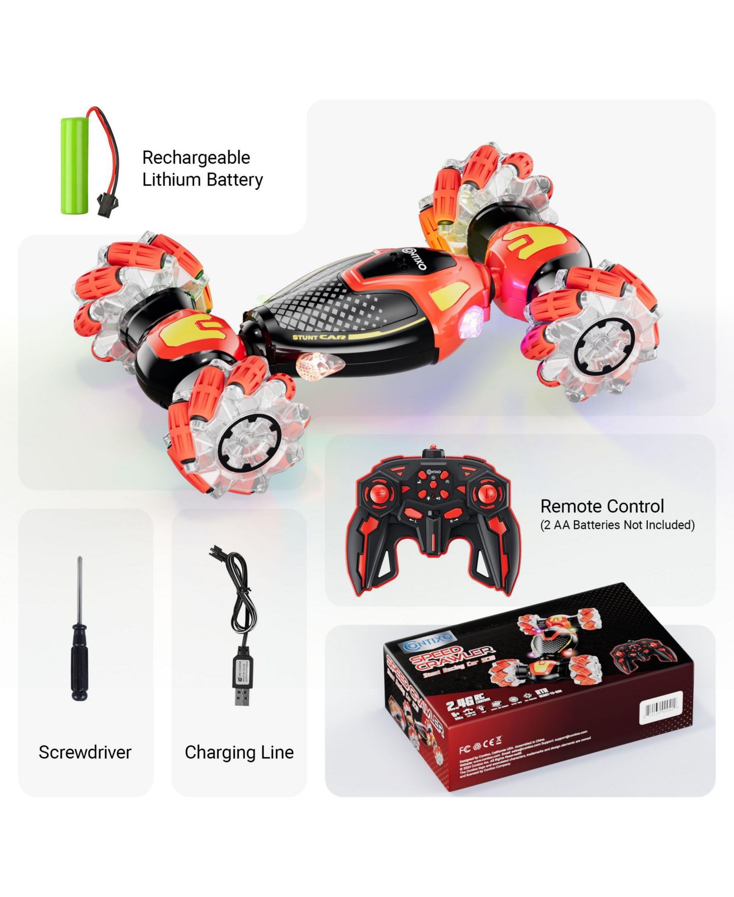 Детская игрушка Contixo SC10 Cobra 4WD LED Lights RC Stunt Car, Ages 8+, цвет: Красный — фото 7