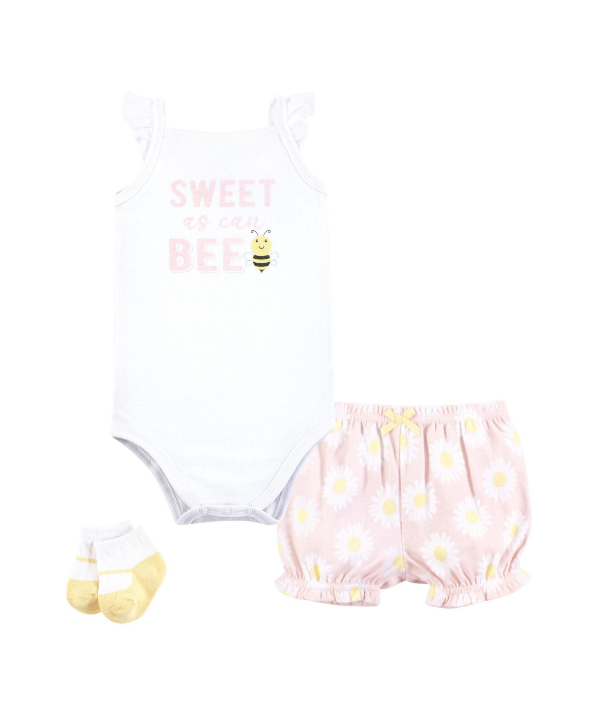 Hudson Baby Baby Girls Hudson Bodysuit, Short and Sock, Bee Pink Daisy - Bee pink daisy