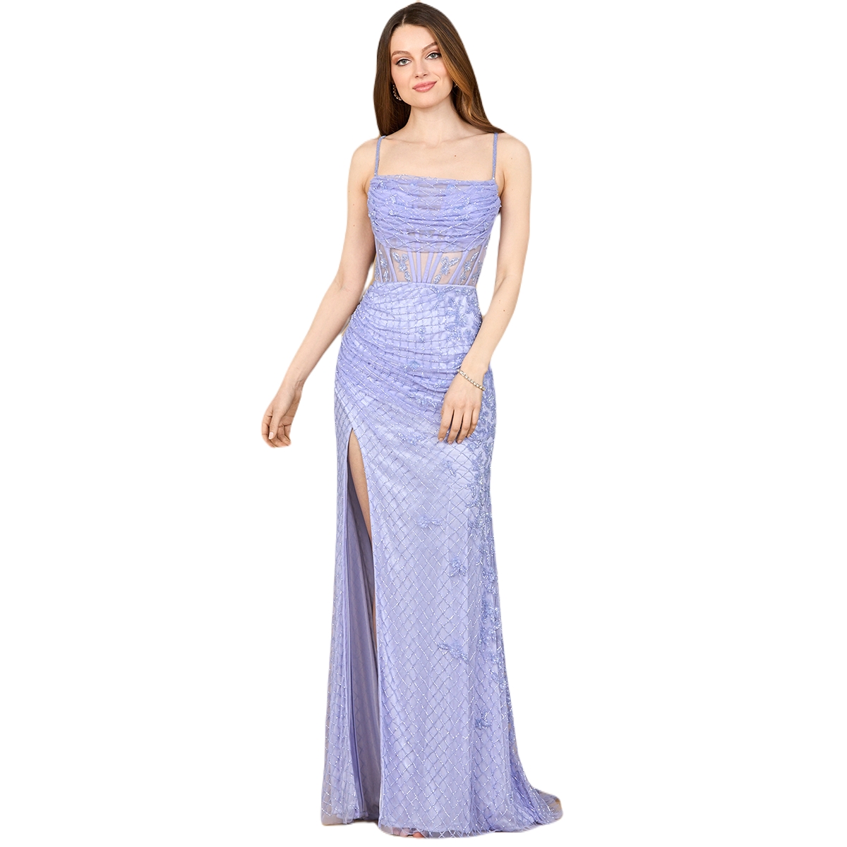 Women's 9923 - Beaded Corset Gown with Slit - Blue iris