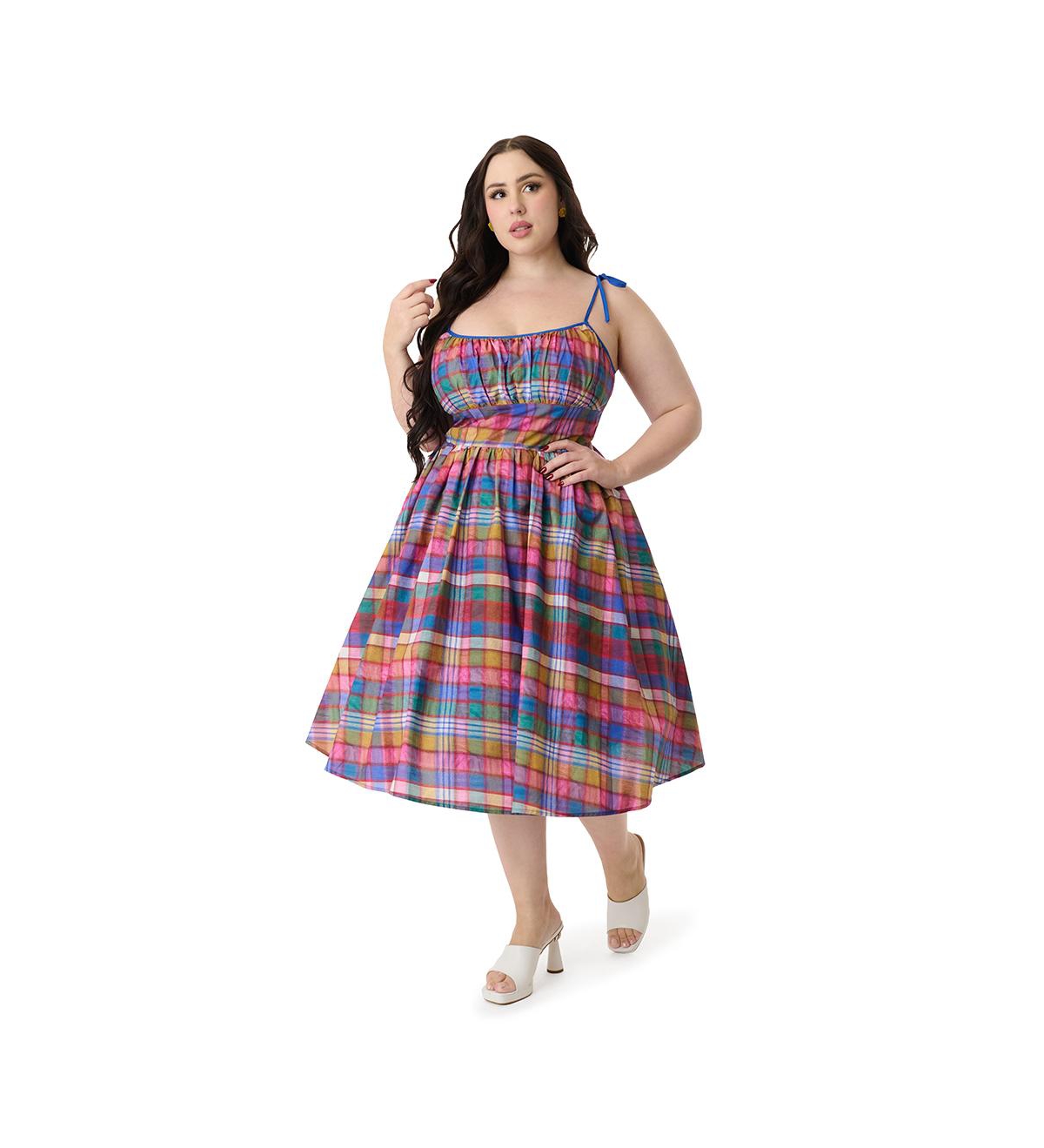 Plus Size 1950s Cotton Swing Dress - Pink plaid