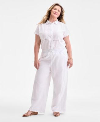 Plus Size Eyelet-Trim Wide-Leg Pants, Exclusively at Macy's