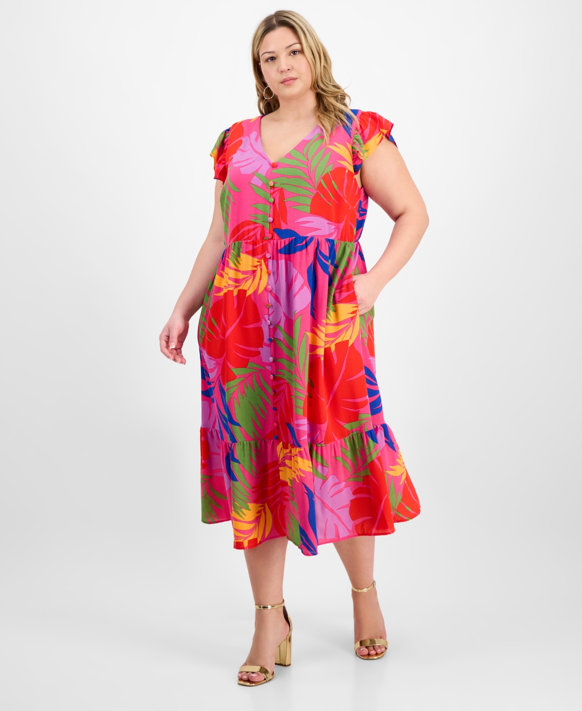 Sandra Darren Plus Size Printed Flutter-sleeve Midi Dress
