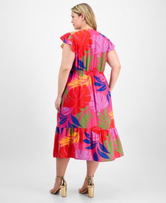 Plus Size Printed Flutter-Sleeve Midi Dress