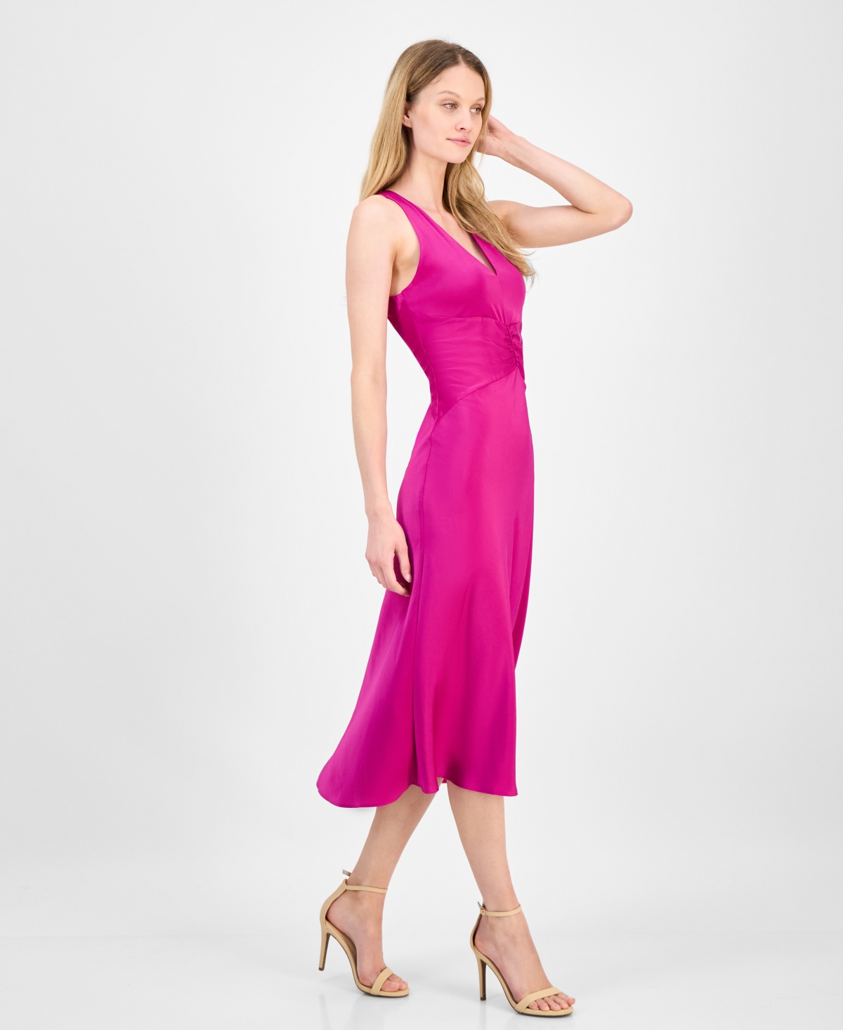 Hugo Boss Women's V-neck Sleeveless Satin Midi Dress In Pink