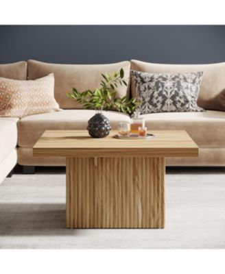 Square Coffee Table, 31.5-Inch Fluted Coffee Table, Mid-Century Modern Living Room Table, Large Cocktail Table for Living Room, Oak