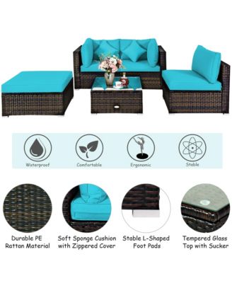 5PCS Rattan Patio Conversation Set Outdoor Furniture Set w/ Ottoman Turquoise Cushion