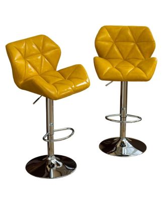of 2 Adjustable Swivel Bar Stools with Diamond-Tufted Faux Leather Seats, Footrest, and Chrome Base for Kitchen or Home Bar