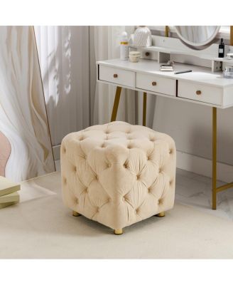 Velvet Upholstered Cube Ottoman with Tufted Design, Hidden Storage, Gold Legs, Footstool for Living Room or Bedroom