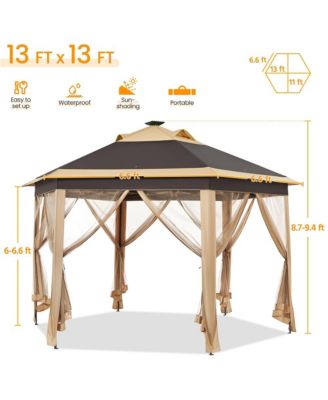 13×13ft Hexagonal Pop-Up Gazebo Tent, Khaki/Brown