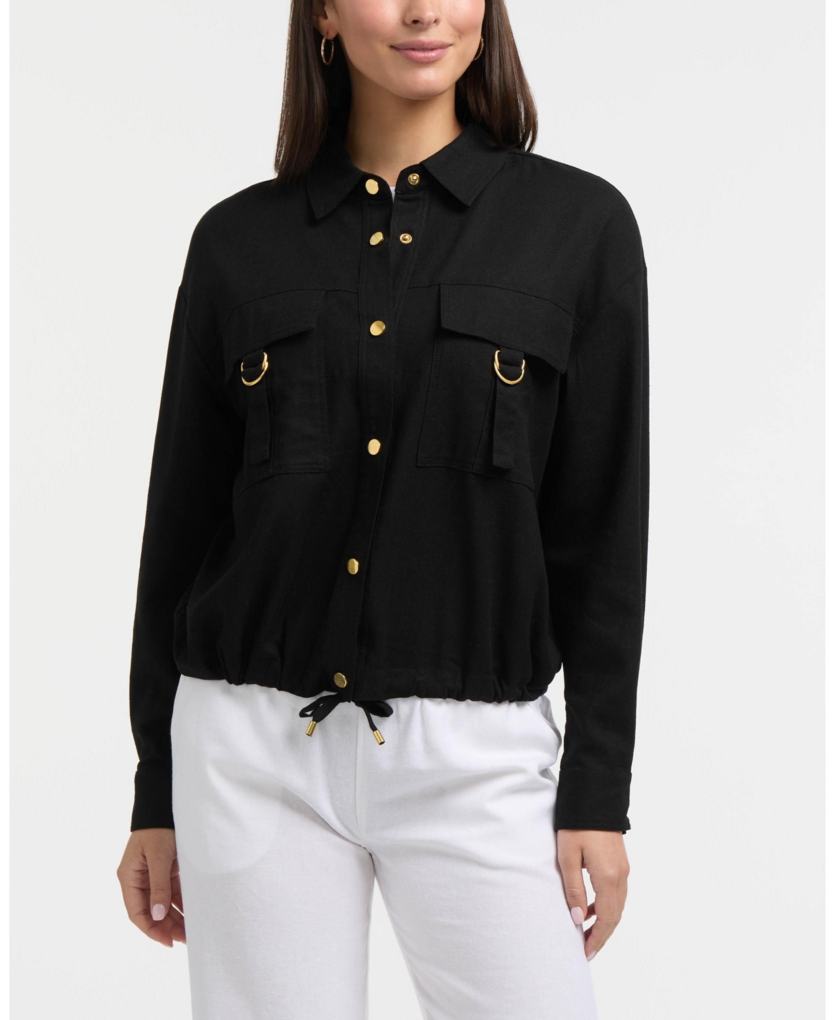 Women's Linen-Blend Safari Jacket - Black